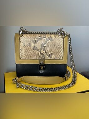 Fendi Yellow Black Python-Trim Chain Shoulder Bag